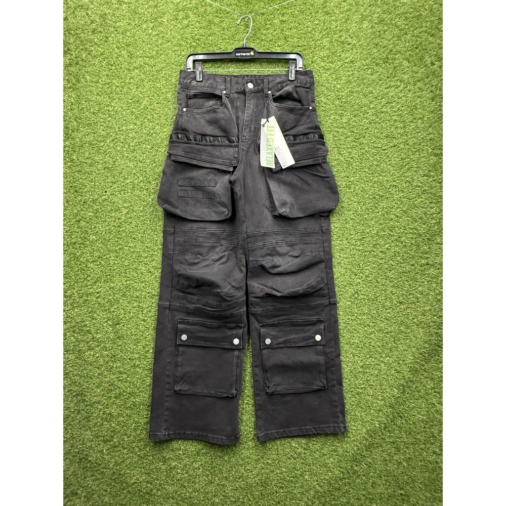 First Row Denim Cargo Pants Jeans Mens 30x32 Baggy Wide Leg Y2K Rave Skater